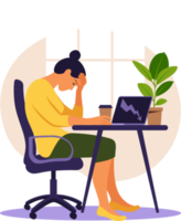 Professional burnout syndrome. Illustration tired female office worker sitting at the table. Frustrated worker, mental health problems. png