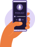 cell telefon app med podcast på skärm smartphone. smartphone i hand. man lyssnande till podcast eller uppkopplad kurs. png