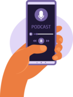 application de téléphone portable avec podcast sur smartphone à écran. smartphone en main. homme écoutant un podcast ou un cours en ligne. png