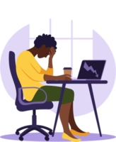 Professional burnout syndrome. Illustration tired african female office worker sitting at the table. Frustrated worker, mental health problems. png