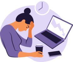 Professional burnout syndrome. Illustration tired female office worker sitting at the table. Frustrated worker, mental health problems. png