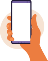 Man hand holding smartphone with blank white screen. Using mobile smart phone. Flat design concept. png