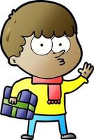 cartoon curious boy carrying a gift vector