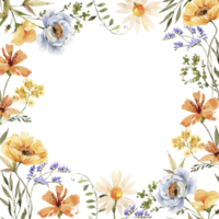 Watercolor frame of colorful flowers . hand painted for design and invitations. png