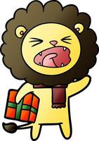 cartoon lion with christmas present vector