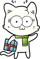 cartoon surprised cat with christmas present vector