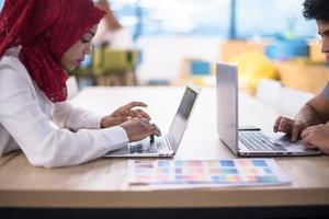 black muslim business woman ,working on laptop computer photo