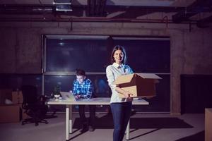 business people on construction site  in new startup office at night photo