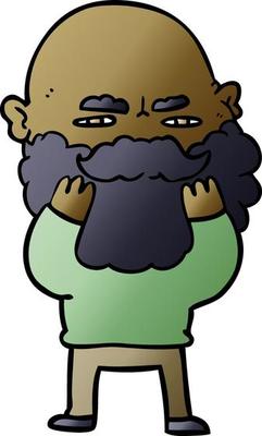 cartoon man with beard frowning checking his beard