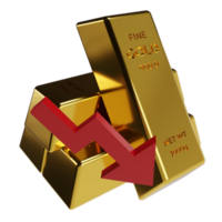 3d gold bullion and red arrow down, gold market price concept is going down or falling png