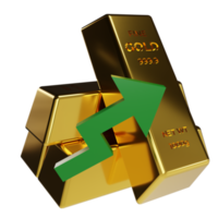 Lingots d'or 3d et flèche verte vers le haut, le concept de prix du marché de l'or est en hausse ou cher