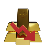 Lingots d'or 3d et flèche rouge vers le bas, le concept de prix du marché de l'or diminue ou diminue png