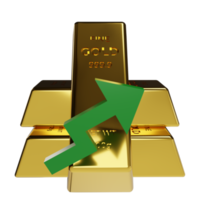 3d gold bullion and green arrow up, gold market price concept is up or expensive png