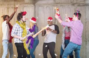 multiethnic group of casual business people having confetti party photo