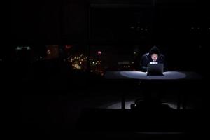 hacker using laptop computer while working in dark office photo