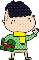 chico amable de dibujos animados con regalo de navidad vector