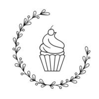 Monochrome bakery or store logo. Cupcake with cherry in a wreath of leaves. Vector hand drawn illustration in lineart style is isolated on white background.