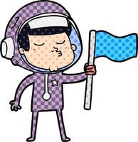 cartoon confident astronaut waving flag vector