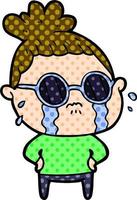 cartoon crying woman wearing sunglasses vector