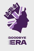 Silhouette of the Queens head in profile with british flag background on part of image. Lady in crown side view. Goodbye era fade script. Vector illustration.