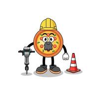 caricatura de personaje de pizza trabajando en la construcción de carreteras vector