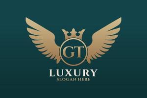 Luxury royal wing Letter GT crest Gold color Logo vector, Victory logo, crest logo, wing logo, vector logo template.
