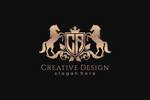 initial CR Retro golden crest with shield and two horses, badge template with scrolls and royal crown - perfect for luxurious branding projects vector