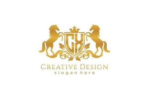 initial CX Retro golden crest with shield and two horses, badge template with scrolls and royal crown - perfect for luxurious branding projects vector