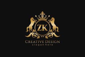 initial ZK Retro golden crest with circle and two horses, badge template with scrolls and royal crown - perfect for luxurious branding projects vector