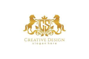 initial CS Retro golden crest with shield and two horses, badge template with scrolls and royal crown - perfect for luxurious branding projects vector