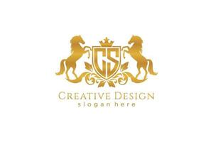 initial CS Retro golden crest with shield and two horses, badge template with scrolls and royal crown - perfect for luxurious branding projects vector