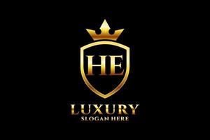 initial HE elegant luxury monogram logo or badge template with scrolls and royal crown - perfect for luxurious branding projects vector