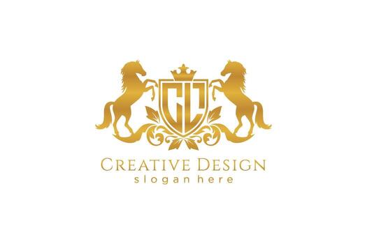 initial CL Retro golden crest with shield and two horses, badge template with scrolls and royal crown - perfect for luxurious branding projects vector