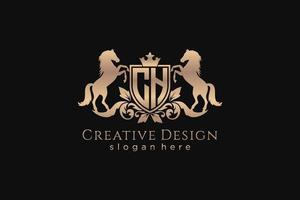 initial CH Retro golden crest with shield and two horses, badge template with scrolls and royal crown - perfect for luxurious branding projects vector