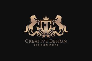 initial CC Retro golden crest with shield and two horses, badge template with scrolls and royal crown - perfect for luxurious branding projects vector