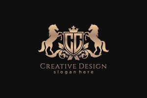 initial CC Retro golden crest with shield and two horses, badge template with scrolls and royal crown - perfect for luxurious branding projects vector