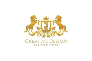 initial CQ Retro golden crest with shield and two horses, badge template with scrolls and royal crown - perfect for luxurious branding projects vector