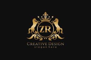 initial ZR Retro golden crest with circle and two horses, badge template with scrolls and royal crown - perfect for luxurious branding projects vector