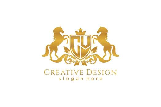 initial CV Retro golden crest with shield and two horses, badge template with scrolls and royal crown - perfect for luxurious branding projects vector