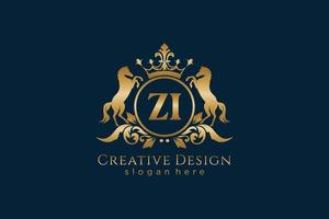 initial ZI Retro golden crest with circle and two horses, badge template with scrolls and royal crown - perfect for luxurious branding projects vector