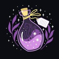 A bottle with magic potion in fantasy style on a dark background. Flat vector illustration of vial with swirl liquid and rope tied tag making occult impression