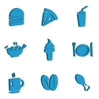 vector set of food and drink icons. multiple symbols of burgers, sodas, noodles, ice cream, pizza and more in 3D