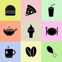 conjunto vectorial de iconos de comida y bebida. hamburguesa con forma de icono, café, té, pizza, pollo y más vector