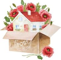 Watercolor house with red poppies vector