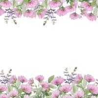 marco y borde dibujados a mano de acuarela con rosas rosas y hierbas vector