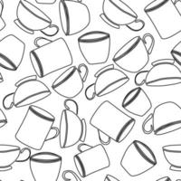 Seamless pattern with cups. Hand draw line art outline vector illustration