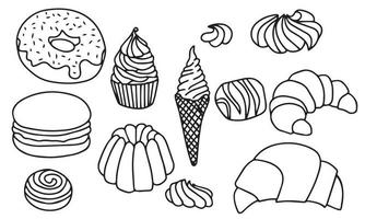 Set of different sweet. Ice cream, donut, croissant, pudding, macarons, candy, biscuits and cupcake. Hand draw line art outline doodle vector illustration.