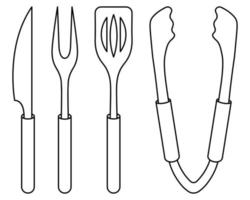 un conjunto de herramientas de barbacoa. bosquejo. tenedor de carne con dos puntas, espátula, cuchillo y pinzas. herramientas para cortar, girar, mover y retirar alimentos de la parrilla. estilo garabato. ilustración vectorial colorante. vector