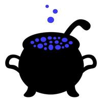 Cauldron of boiling potion. Silhouette. Bubbles of blue are flying upwards. Witch brew in a metal pot. Cauldron for cooking broth. Large saucepan. Halloween symbol. Decoration for All Saints Day. vector