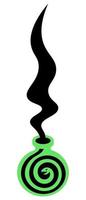 una botella verde de veneno. vapores negros mágicos en forma de serpiente emergen de la burbuja. ilustración vectorial reptil con colmillos. una bebida milagrosa. poción de bruja en un frasco. vector